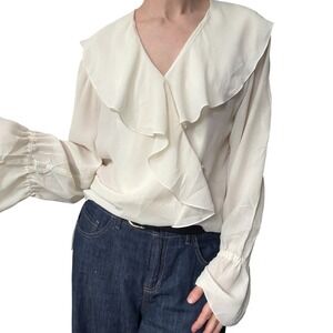Spenser Jeremy Vintage Cream Ruffle Wrap Blouse Sheer Chiffon Bell Sleeve Small